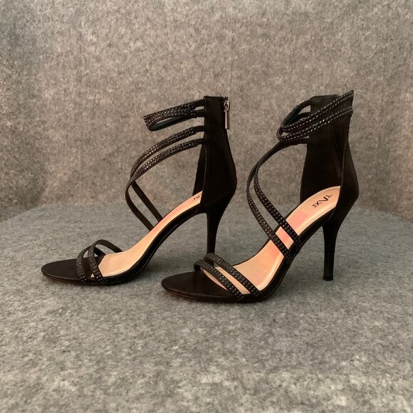 Taxi Women’s Black Glitter Zipper Heel Rhinestones Details Open Toe Shoes - Picture 4 of 10